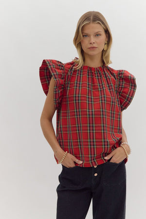 Red Plaid Ruffled sleeve top