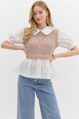 Ruffled collard white top with sweater vest over