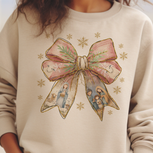 Coquette Nativity Christmas Sweatshirt Faith Bow Holiday