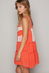 Coral Red Overall Dress With Lace Detail