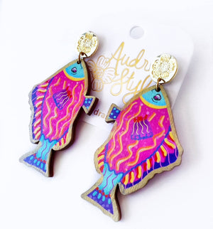 Pink Colorful Fish Dangle Earring Coastal Beach Spring Summer