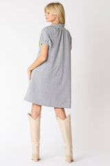 Flower Trim Detail Half Zip Puff Sleeve Dress