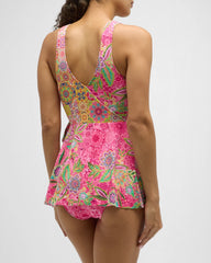 Flamingo and kaleida skirted one piece