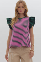 Orchid/Green Stripped ruffled sleeve top