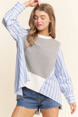 Multi Pattern Color Block Long Sleeve Top  S-L / 1X-3X: Blue Combo / L