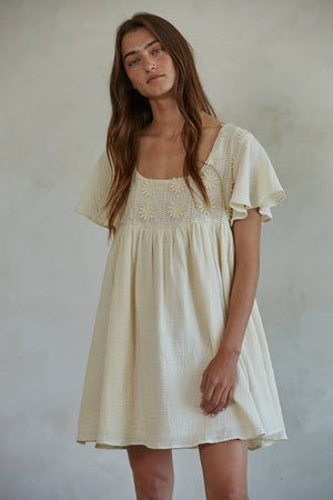 Floral Embroidered Short Sleeve Babydoll Dress: Natural