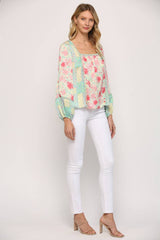 LACE INSERT MIXED PRINT SQUARE NECK TOP
