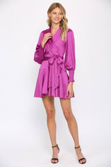 SATIN TIE WAIST WRAP DRESS