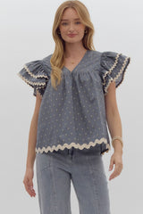 Slate blue print ruffled sleeve top