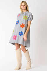 Flower Trim Detail Half Zip Puff Sleeve Dress