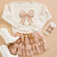 Gingham Bow Patch Sweatshirt - Natural - Girls Clothes: 10