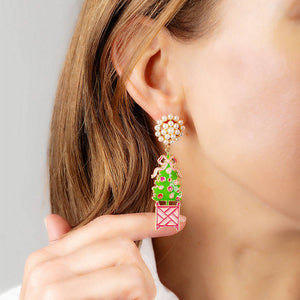 Christmas Tree Topiary Enamel Earrings in Green & Pink