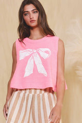 'BOW' Graphic Cropped Terry Tank Top: Neon pink