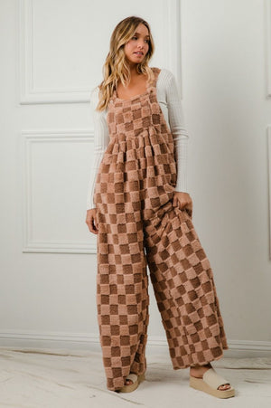 Cozy checker Sherpa wide leg overalls