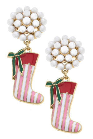 Stocking Stuffer Pearl Cluster Enamel Earrings in Pink & Red