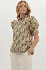 Floral print jacquard ruffle neck top