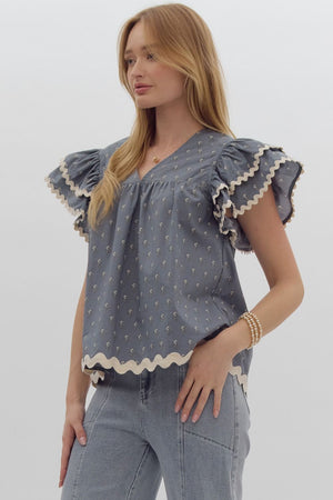 Slate blue print ruffled sleeve top