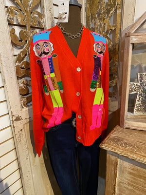 QOS Red and Neon Nutcracker Cardigan