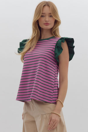 Orchid/Green Stripped ruffled sleeve top