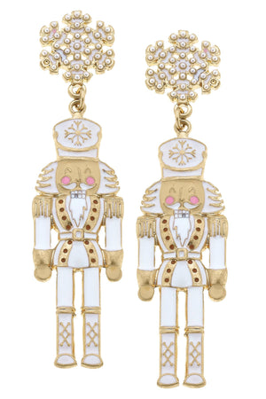 Pearl Studded Snowflake Enamel Nutcracker Earrings