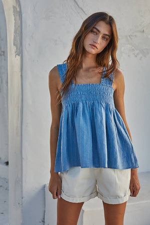 Square Neck Sleeveless Flare Top With Smocking