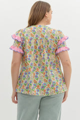 Spring floral top with pink ruffled sleeve- plus