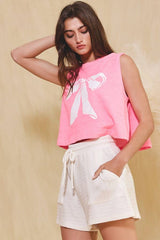 'BOW' Graphic Cropped Terry Tank Top: Neon pink