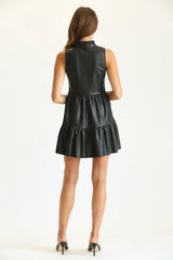 FAUX LEATHER SLEEVELESS RUFFLE DRESS