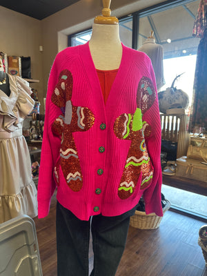 QOS Hot Pink Gingerbread Cardigan