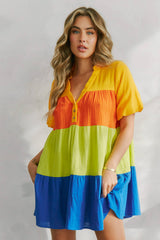 Color Block Tiered Shirt Dress: ORANGE MULTI / L