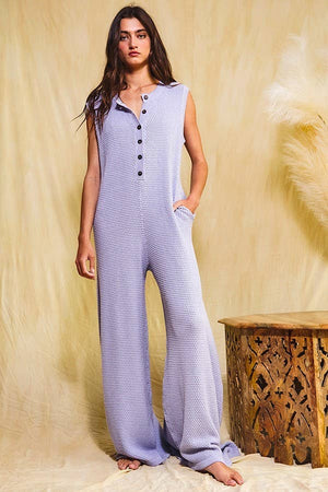 Wide Leg Button-up Loose Fit Solid Sweater Jumpsuit