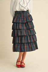 Check Tiered Skirt: NAVY GREEN MULTI