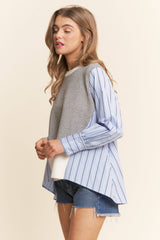 Multi Pattern Color Block Long Sleeve Top  S-L / 1X-3X: Blue Combo / L