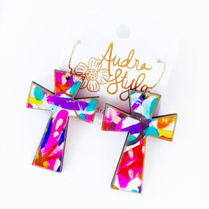 Cross Dangle Earring- Abstract Print-Religious