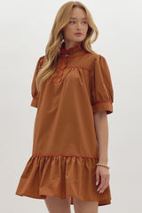 Brown ruffled neck puff sleeve dress