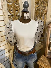 White Polka Dot Mesh Sleeve Top