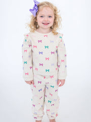 Toddler Girls Heather Oatmeal Ribbons Flutter Sweatshirt Jogger Set with Signature Rear Ruffles