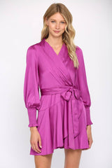 SATIN TIE WAIST WRAP DRESS