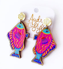 Pink Colorful Fish Dangle Earring Coastal Beach Spring Summer