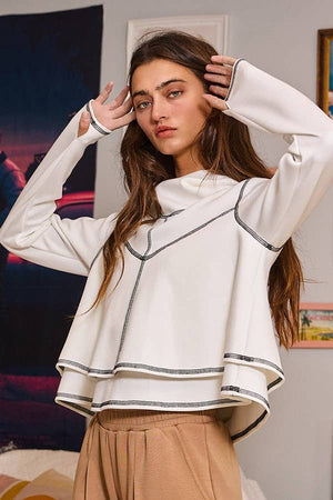 Reverse Stitch Detail Double Layered Crop Hoodie Top