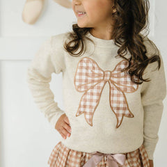 Gingham Bow Patch Sweatshirt - Natural - Girls Clothes: 10