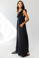 Ruffled V-neck Wide Leg Solid French Terry Jumpsuit