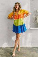 Color Block Tiered Shirt Dress: ORANGE MULTI / L