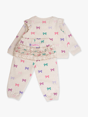 Toddler Girls Heather Oatmeal Ribbons Flutter Sweatshirt Jogger Set with Signature Rear Ruffles