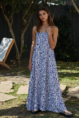 Floral Print Square Neck Smocking Detail Maxi Dress