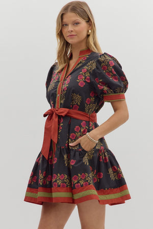 Black Floral with Rust flowers and belt