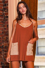 V-neck Mini Dress With Built In Romper Lining: Camel