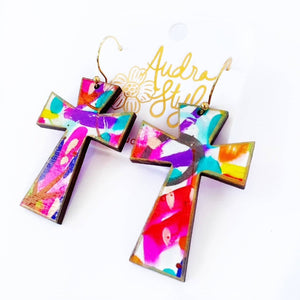 Cross Dangle Earring- Abstract Print-Religious