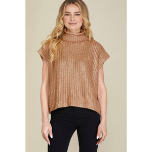 METALLIC FOIL SWEATER TOP: GOLD