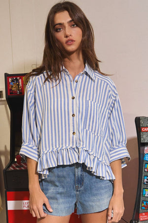 Ruffled Detail Striped Classic Button-Down Shirt